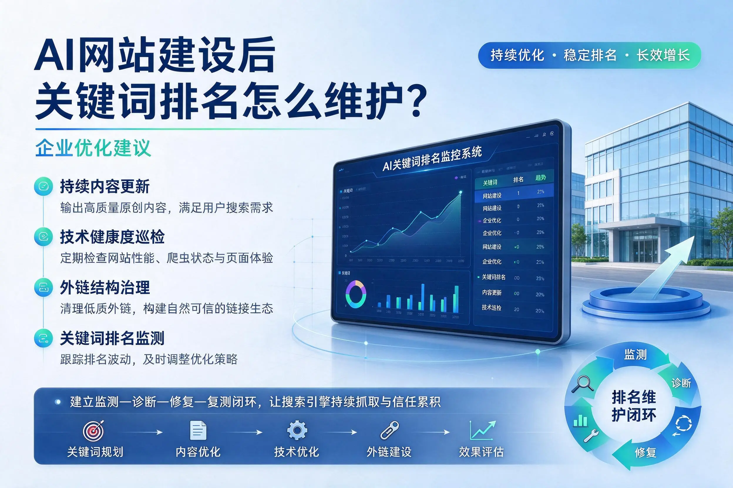 AI网站建设后关键词排名怎么维护?张掖企业优化建议
