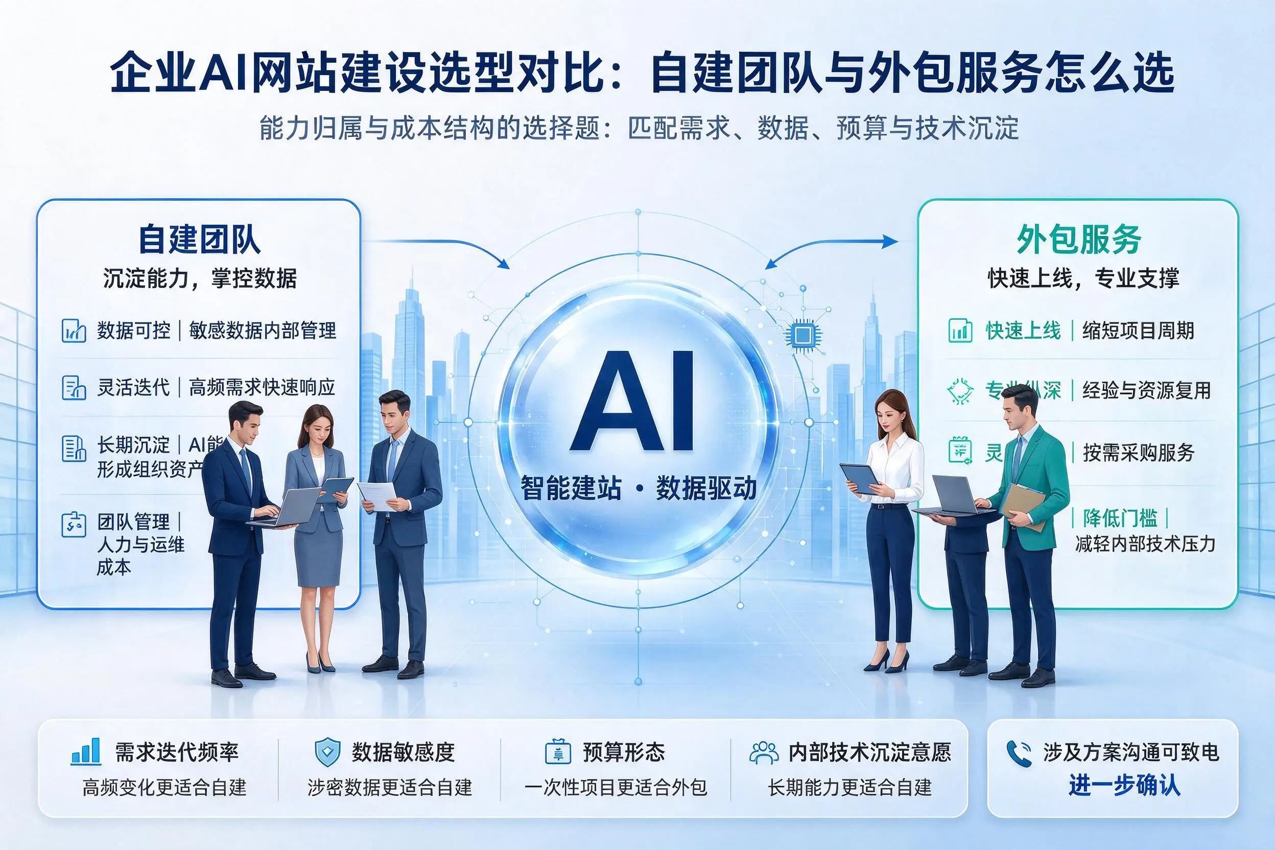 张掖企业AI网站建设选型对比：自建团队与外包服务怎么选